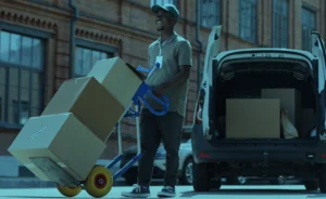 Worker loading boxes as part of an inventory management software system for efficient stock management and suggested ordering.